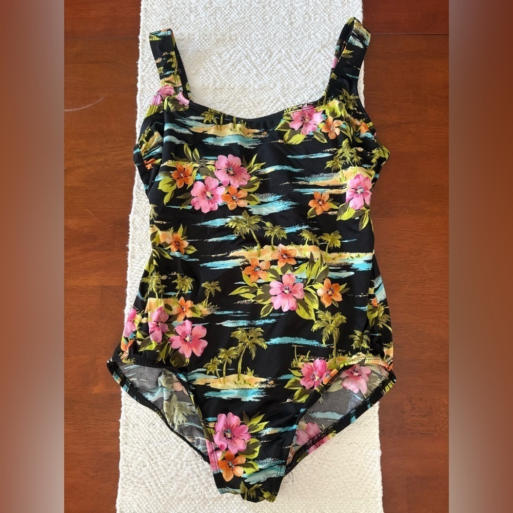 🩱 Vintage Longitude Scoopneck Floral Tank Crisscross Back Straps Swimsuit sz 12